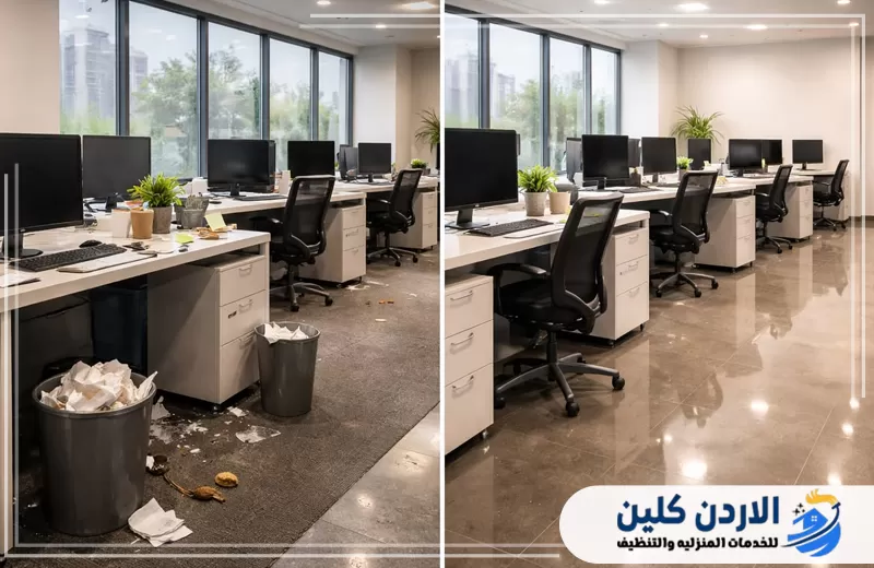 تنظيف مدخل وممرات شركة ضمن خدمة تنظيف مباني وشركات في الأردن مع ترتيب الأرضيات وإزالة الغبار.