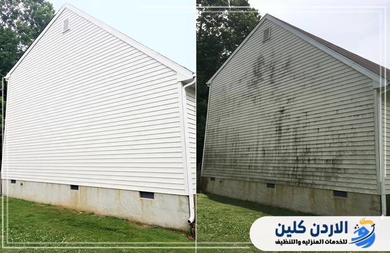 مقارنة توضح واجهة مبنى قبل وبعد إزالة الطبقات الداكنة وآثار الرطوبة.