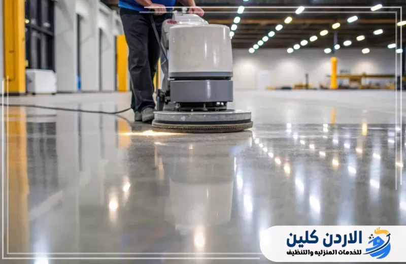 جلي أرضية واسعة داخل منشأة باستخدام ماكينة احترافية للحصول على سطح نظيف ولامع مناسب للمساحات التجارية.