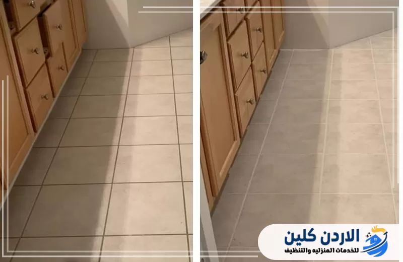 استعد لمعان أرضيات منزلك مع الأردن كلين واتصل على 0798779667. صورة قبل وبعد توضح الفرق في نظافة أرضية المطبخ بعد التنظيف العميق وإزالة البهتان وآثار الاستخدام اليومي.