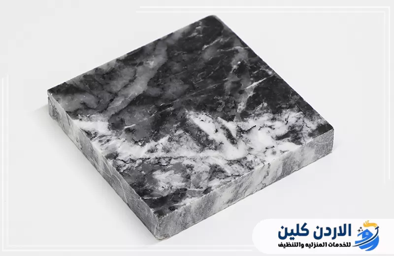 عينة بتصميم رخامي أسود وأبيض توضح أحد الأشكال المستخدمة للحصول على مظهر الرخام في الأرضيات الداخلية.