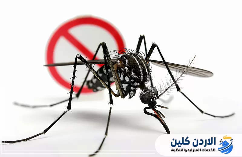 صورة توضيحية لبعوضة مع رمز المنع تعبر عن خدمات مكافحة الناموس وتقليل انتشاره في المواقع المختلفة.